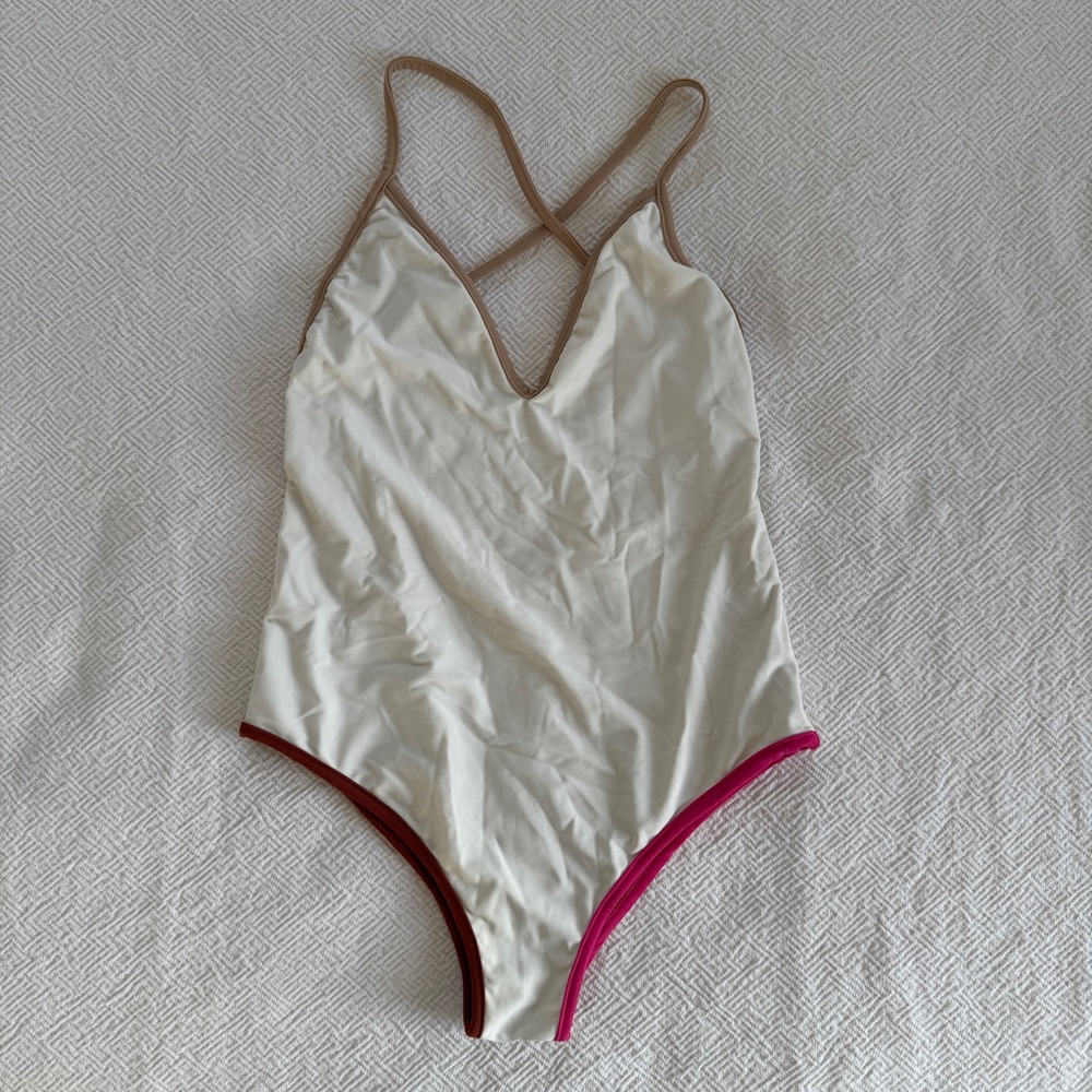 Acacia Swimwear Cream color blocked piping, one piece
